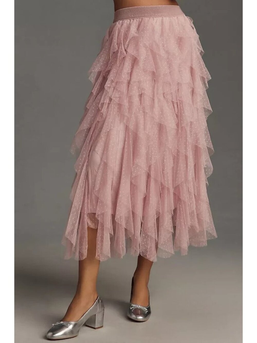 NWT by Anthropologie Evelyn Chéri Cheri in Rose Ruffled Tulle Midi Skirt L